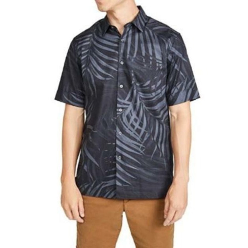 Theory Mens Menlo PT SS Saygo Shirting Black Grey Palm Leaf Print Button Down